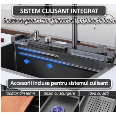 Chiuveta multifunctionala de bucatarie negru grafit cu 2 cascade robinet cascada afisaj digital temperatura 750x450