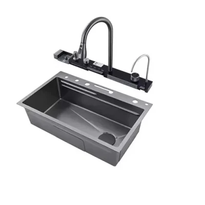 Chiuveta multifunctionala de bucatarie negru grafit cu 2 cascade robinet cascada afisaj digital temperatura 750x450