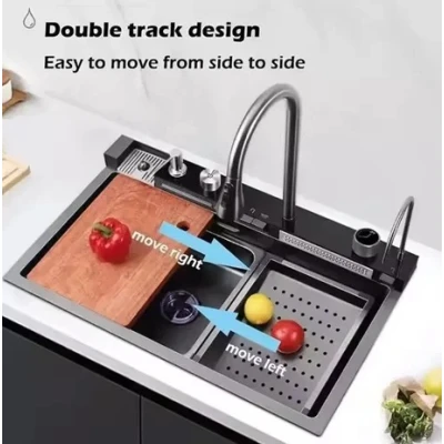 Chiuveta multifunctionala de bucatarie negru grafit cu 2 cascade robinet cascada afisaj digital temperatura 750x450
