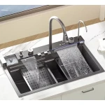 Chiuveta multifunctionala de bucatarie negru grafit cu 2 cascade robinet cascada afisaj digital temperatura 750x450