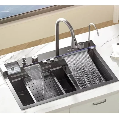 Chiuveta multifunctionala de bucatarie negru grafit cu 2 cascade robinet cascada afisaj digital temperatura 750x450