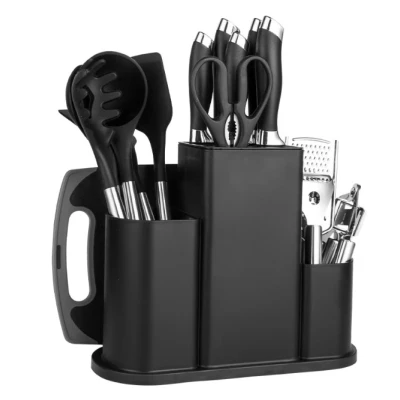 Set 20 Piese ustensile de bucatarie si cutite cu suport elegant tocator si accesorii