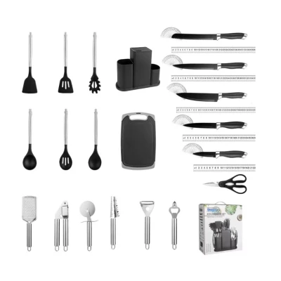 Set 20 Piese ustensile de bucatarie si cutite cu suport elegant tocator si accesorii