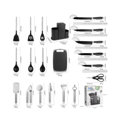 Set 20 Piese ustensile de bucatarie si cutite cu suport elegant tocator si accesorii