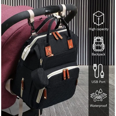 Rucsac multifunctional pentru Scutece Bebelusi atasabil pe manerul caruciorului cu patut pliabil NEGRU