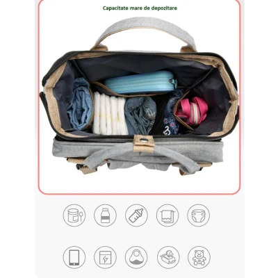 Rucsac multifunctional pentru mamici capacitate mare design simplu cu patut pliabil NEGRU