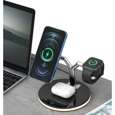 Incarcator Wireless 3 in 1 cu LED Model 970 pentru Telefon Ceas Casti 