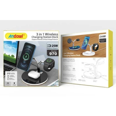 Incarcator Wireless 3 in 1 cu LED Model 970 pentru Telefon Ceas Casti