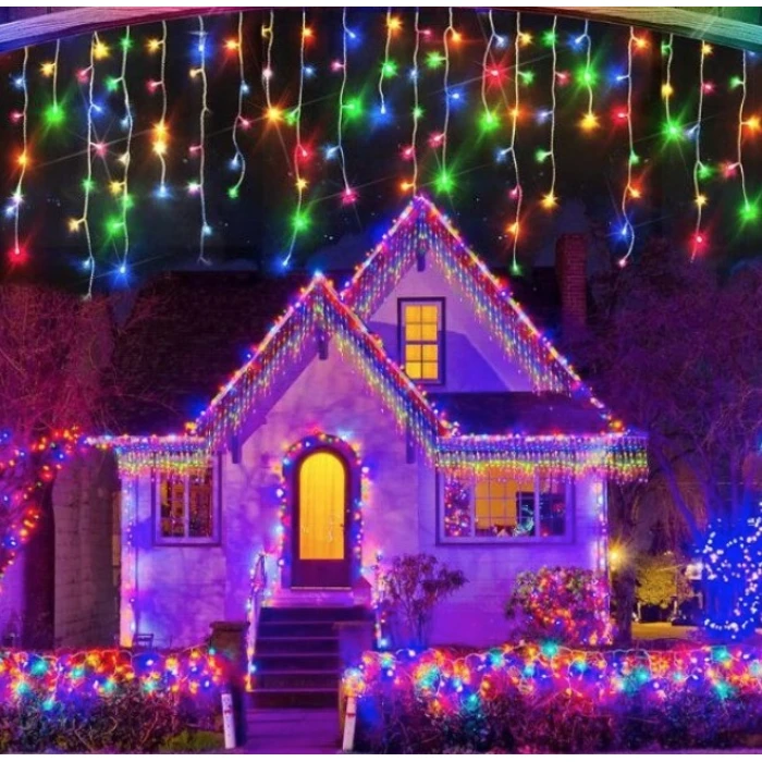 Instalație LED tip țurțuri, 300 LED-uri, 12 m, multicoloră – prezentare