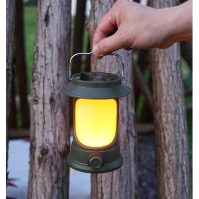 Lampa Solara Retro Camping LY17 Verde cu Maner Reincarcabila