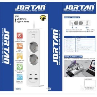 Prelungitor JORTAN OG2202 cu 2 prize 2 porturi USB si 2 Type C 2 metri