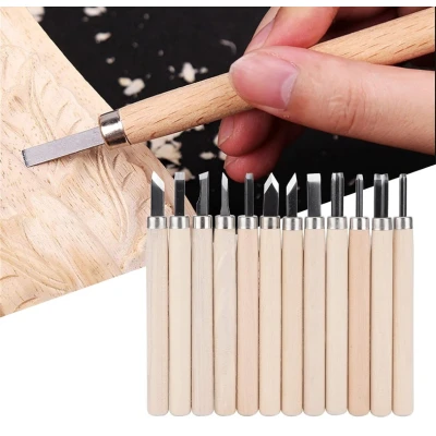 Set 12 mini dalti sculptura lemn lut și ceară cu maner de lemn
