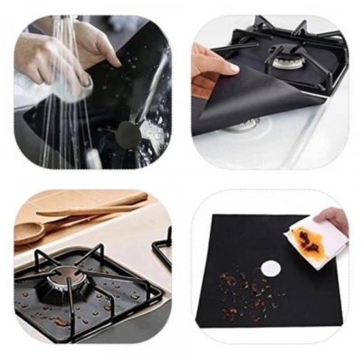 Set 4 Folii TEFLON NEGRU Detasabile pentru Aragaz din Teflon  Lavabila  Reutilizabila  Negru