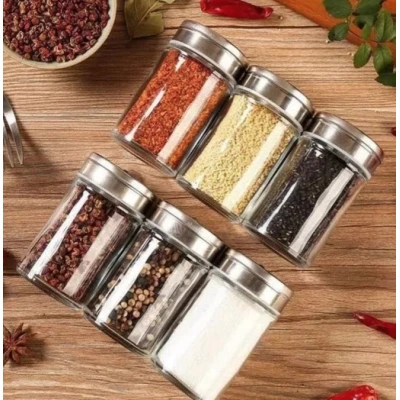 Set 6 x Recipiente pentru Condimente si Suport Rotativ 360 Negru-Argintiu