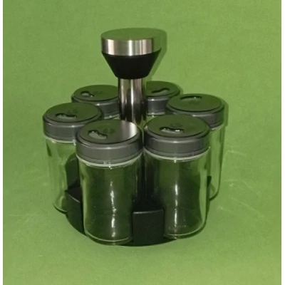 Set 6 x Recipiente pentru Condimente si Suport Rotativ 360 Negru-Argintiu