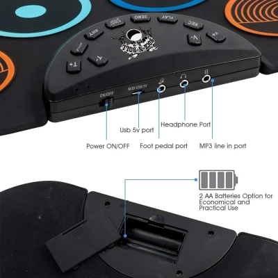 Set Tobe electronice digitale din Silicon cu pedale de picior 9 USB 9 Paduri de tobe colorate