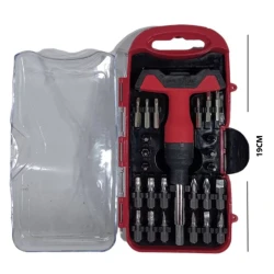 Trusa surubelnita rosie cu maner 25 piese biti de precizie