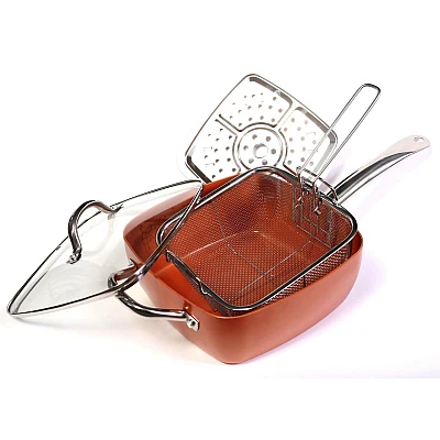 Tigaie patrata multifunctionala cu capac, manere de inox si sita pentru prajit, 5 piese Tigaie patrata multifunctionala cu capac, manere de inox si sita pentru prajit, 5 piese