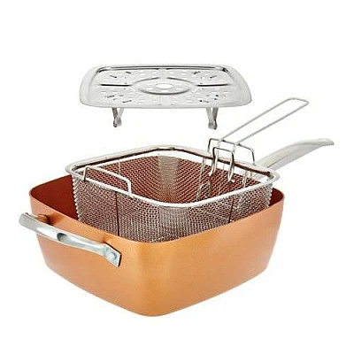 Tigaie patrata multifunctionala cu capac, manere de inox si sita pentru prajit, 5 piese Tigaie patrata multifunctionala cu capac, manere de inox si sita pentru prajit, 5 piese
