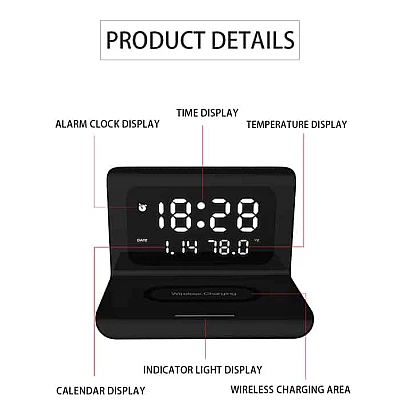 Ceas cu afisaj digital si alarma cu statie de incarcat wireless si incarcare rapida. Ceas cu afisaj digital si alarma cu statie de incarcat wireless si incarcare rapida.