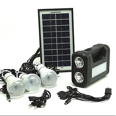 Kit solar GD-Lite 8017 dotat cu dispozitive USB cu 3 becuri LED + acumulator de mare capacitate Kit solar GD-Lite 8017 dotat cu dispozitive USB cu 3 becuri LED + acumulator de mare capacitate