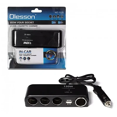 Priza auto Olesson 1525 120W 2 x USB 3 prize + port iesire bricheta Priza auto Olesson 1525 120W 2 x USB 3 prize + port iesire bricheta