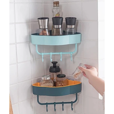 Etajera de colt pentru baie bucatarie cu ventuze sau lipici albastru Etajera de colt pentru baie bucatarie cu ventuze sau lipici albastru