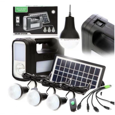 Kit solar GD-Lite 8017 dotat cu dispozitive USB cu 3 becuri LED + acumulator de mare capacitate Kit solar GD-Lite 8017 dotat cu dispozitive USB cu 3 becuri LED + acumulator de mare capacitate