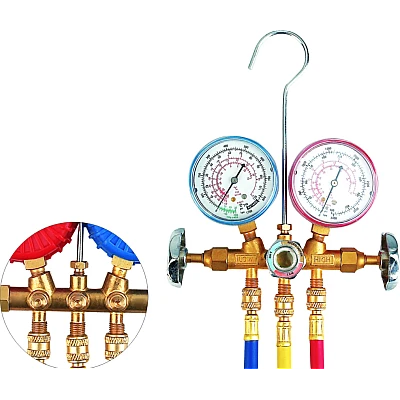 Kit verificat AC cu 2 manometre 2 robineti si 3 furtune 90cm pentru aer conditionat / Freon Kit verificat AC cu 2 manometre 2 robineti si 3 furtune 90cm pentru aer conditionat / Freon