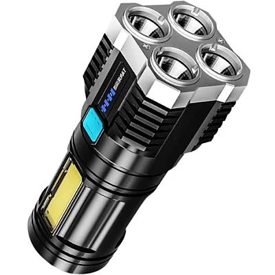 Lanterna cu 4 LED-uri reincarcabila prin USB super-luminoasa raza actiune 300m Lanterna cu 4 LED-uri reincarcabila prin USB super-luminoasa raza actiune 300m