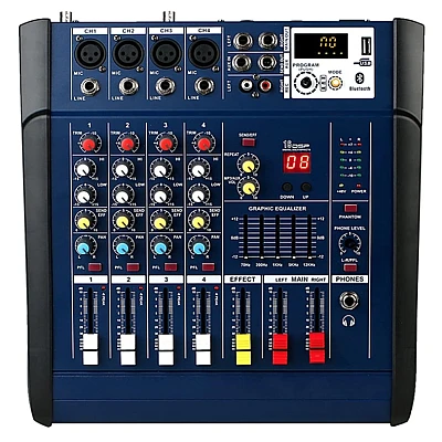 Mixer audio profesional cu amplificare putere 2x250 W 4 canale 16 efecte egalizator 5 benzi Mixer audio profesional cu amplificare putere 2x250 W 4 canale 16 efecte egalizator 5 benzi