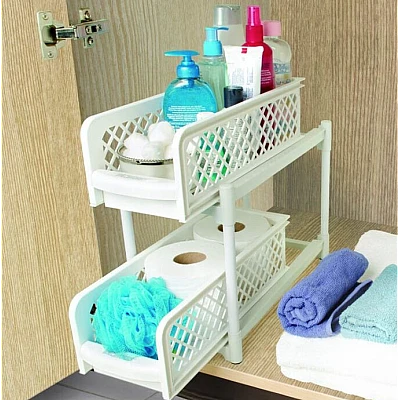 Organizator 2 nivele, pliabil pentru baie sau bucatarie Organizator 2 nivele, pliabil pentru baie sau bucatarie
