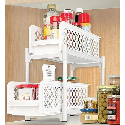 Organizator 2 nivele, pliabil pentru baie sau bucatarie Organizator 2 nivele, pliabil pentru baie sau bucatarie