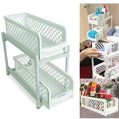 Organizator 2 nivele, pliabil pentru baie sau bucatarie Organizator 2 nivele, pliabil pentru baie sau bucatarie