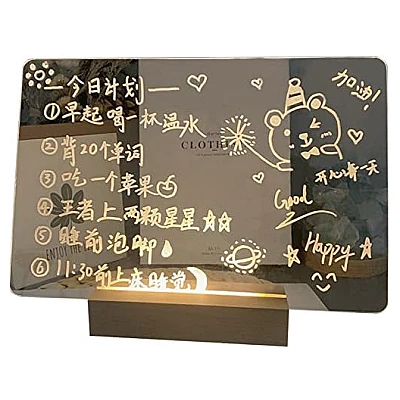 Panou luminos acrilic tip tabla de notite transparenta cu baza din lemn Panou luminos acrilic tip tabla de notite transparenta cu baza din lemn