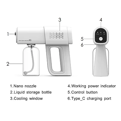 Pistol de pulverizare K5 pentru dezinfectie, Incarcare USB, Nanotehnologie, Umidificare/Dezinfectare/Atomizare, 380ml