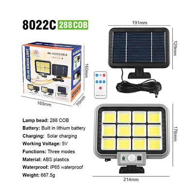 Proiector solar 288LED, 50W, senzor de miscare, HS-8022 telecomanda, 3 moduri de iluminare Proiector solar 288LED, 50W, senzor de miscare, HS-8022 telecomanda, 3 moduri de iluminare