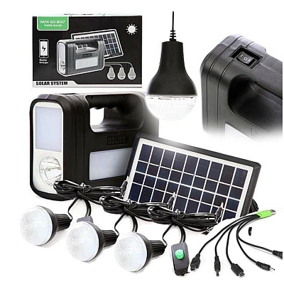 Kit solar GD-Lite 8017 dotat cu dispozitive USB cu 3 becuri LED + acumulator de mare capacitate HA Kit solar GD-Lite 8017 dotat cu dispozitive USB cu 3 becuri LED + acumulator de mare capacitate HA