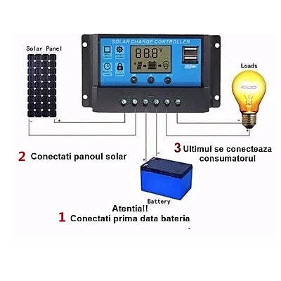 Regulator-controler solar PWM 10A 12V/24V 2 X USB si LCD XL Regulator-controler solar PWM 10A 12V/24V 2 X USB si LCD XL