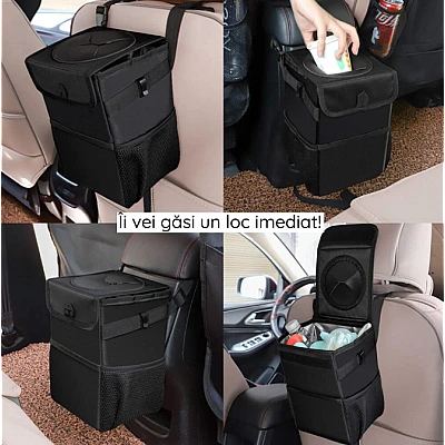Cos de gunoi auto pliabil cu buzunare de depozitare Negru Cos de gunoi auto pliabil cu buzunare de depozitare Negru