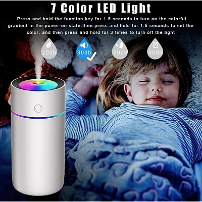 Mini umidificator portabil silentios cu 7 culori LED 320ml Alb Mini umidificator portabil silentios cu 7 culori LED 320ml Alb