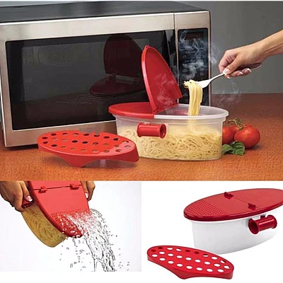 Caserola cu strecuratoare pentru preparare paste la microunde Caserola cu strecuratoare pentru preparare paste la microunde