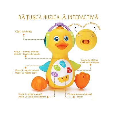 Ratusca interactiva dansatoare luminoasa si muzicala galbena Ratusca interactiva dansatoare luminoasa si muzicala galbena