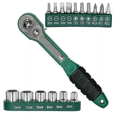 Cheie  8 piese tip clichet  maner VERDE  (10 biti si 6 tubulare 1/4 ) multifunctionala