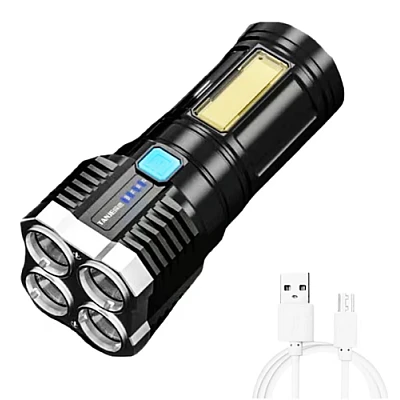 Lanterna cu 4 LED-uri reincarcabila prin USB super-luminoasa raza actiune 300m Lanterna cu 4 LED-uri reincarcabila prin USB super-luminoasa raza actiune 300m