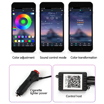 Kit iluminare auto cu 5 benzi fibra optica RGB cu aplicatie bluetooth Kit iluminare auto cu 5 benzi fibra optica RGB cu aplicatie bluetooth