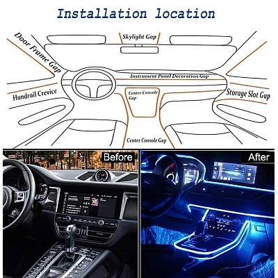 Kit iluminare auto cu 5 benzi fibra optica RGB cu aplicatie bluetooth Kit iluminare auto cu 5 benzi fibra optica RGB cu aplicatie bluetooth