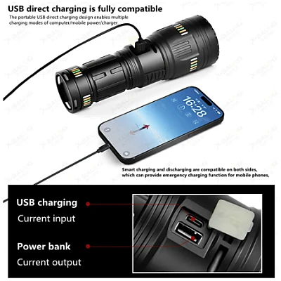 Lanterna G601 super-luminoasa tip laser Led 90W 5000 lumeni cu USB si USB type C Lanterna G601 super-luminoasa tip laser Led 90W 5000 lumeni cu USB si USB type C