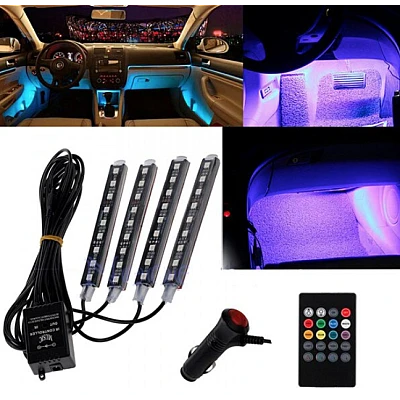 Set 4 benzi 9 LED cu lumina ambientale pentru auto si telecomanda RGB Set 4 benzi 9 LED cu lumina ambientale pentru auto si telecomanda RGB