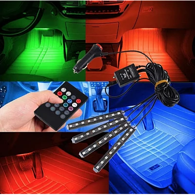 Set 4 benzi 9 LED cu lumina ambientale pentru auto si telecomanda RGB Set 4 benzi 9 LED cu lumina ambientale pentru auto si telecomanda RGB
